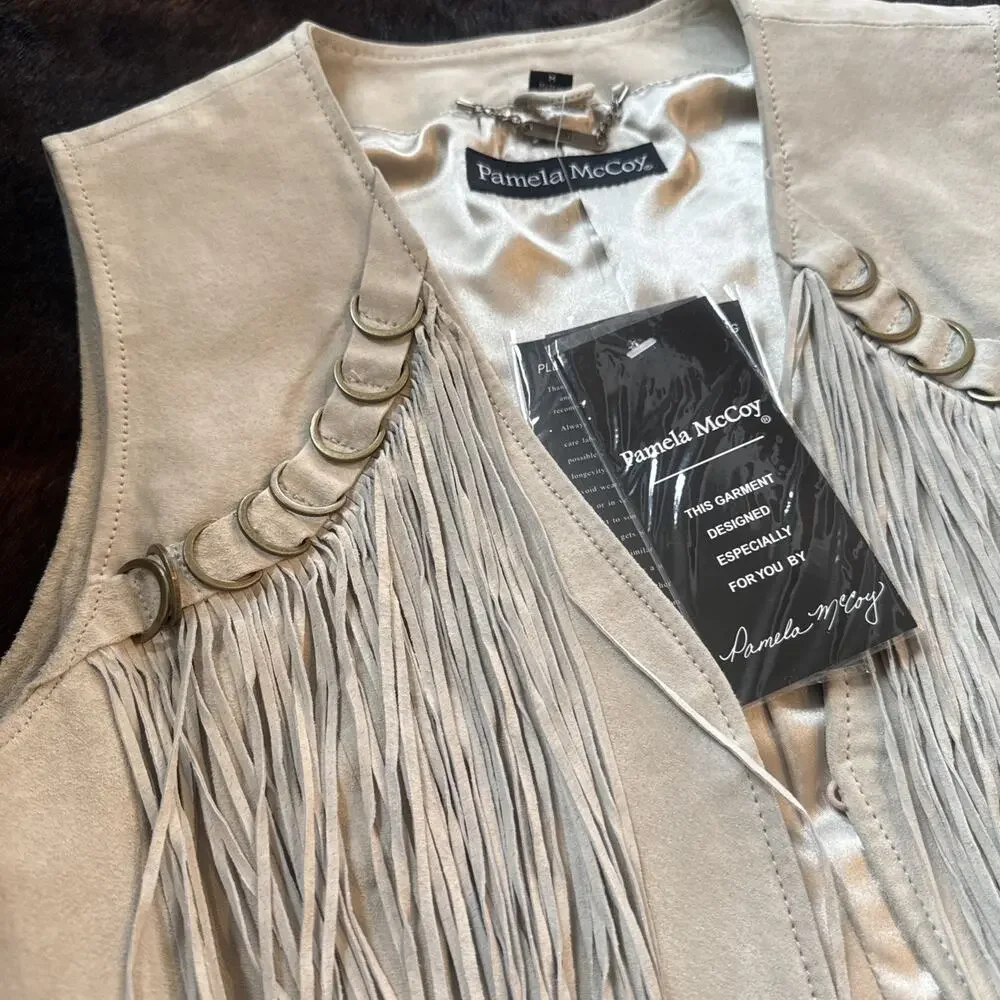 Rare NWT VTG Pamela McCoy Suede Fringe Vest Boho Western Cowgirl Beige Medium